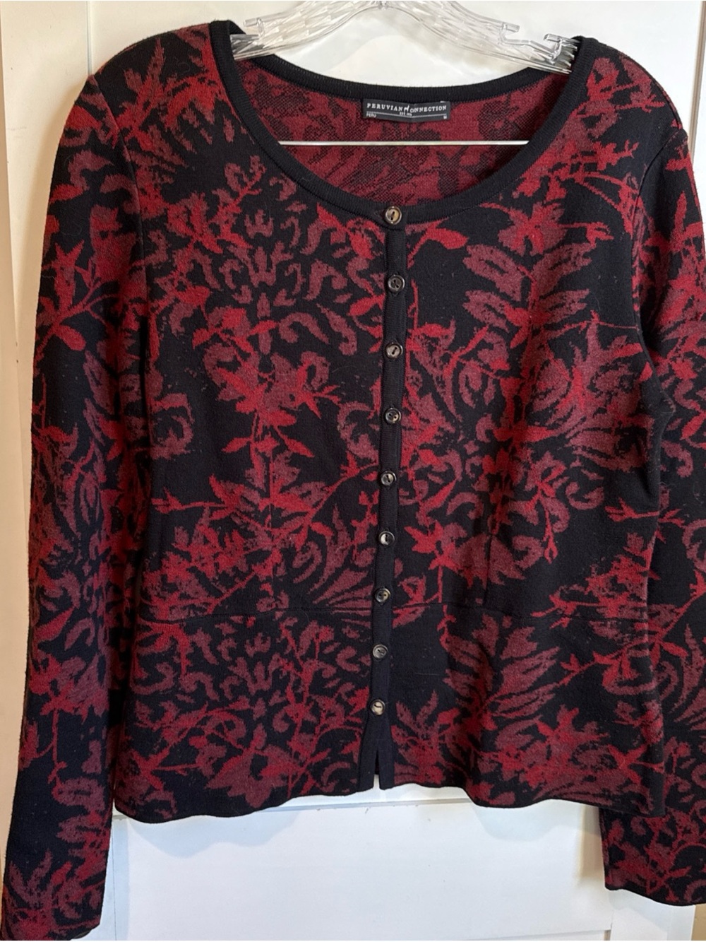 Peruvian Connection 100% Pima Cotton Floral Knit Sweater Cardigan Size Medium M
